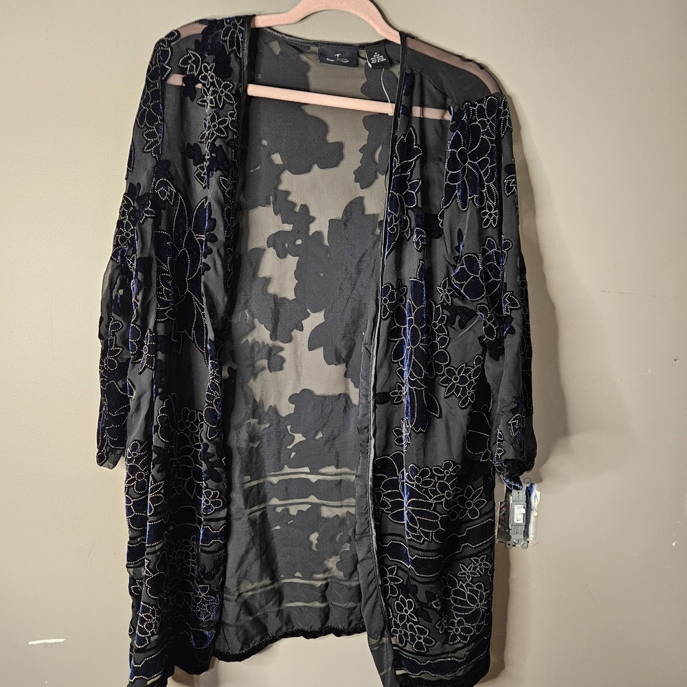 Juna Women Black Blue Floral Sheer Mesh Embroidered Open Kimono 3/4 1X